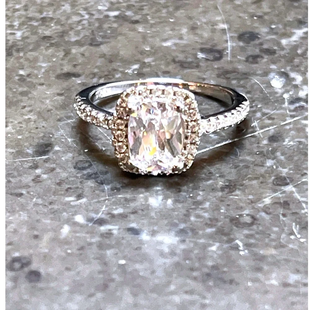 Sterling Silver Cushion-Cut Halo CZ Engagement Ring -Size 6 -7g‎